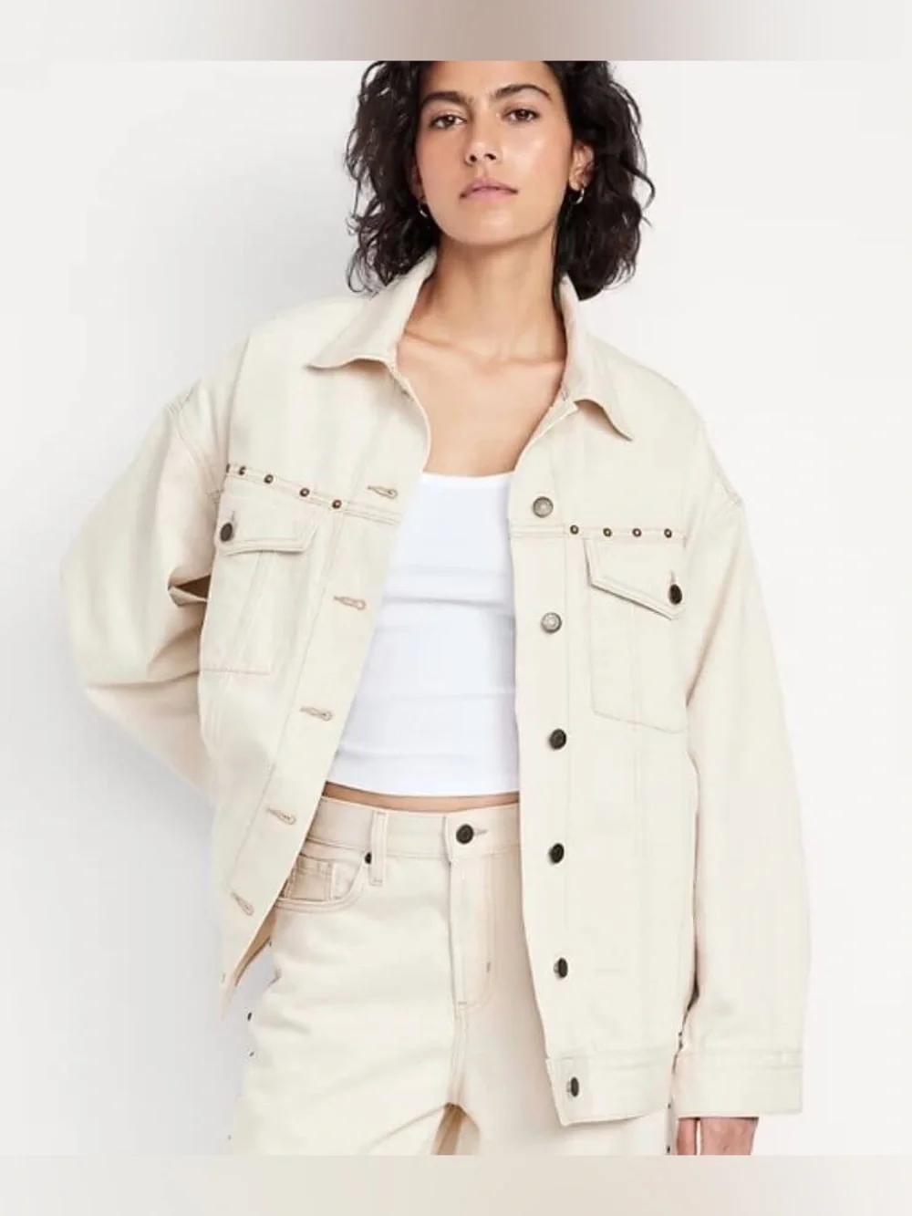 NWT Old Navy Oversized Studded Denim Trucker Jacket - Ecru/Cream